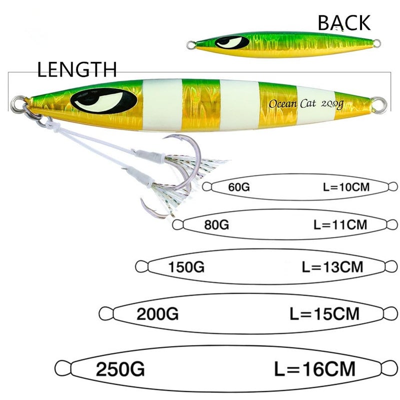 OCEAN CAT Slow Pitch Jig Flat Fall Jigs Saltwater Fishing Jig Vertical Baits with Glow Jig Hooks 60g/80g/150g/200g/250g 240lb (#006-10:5 Colors Combo, 200g) - Image 2